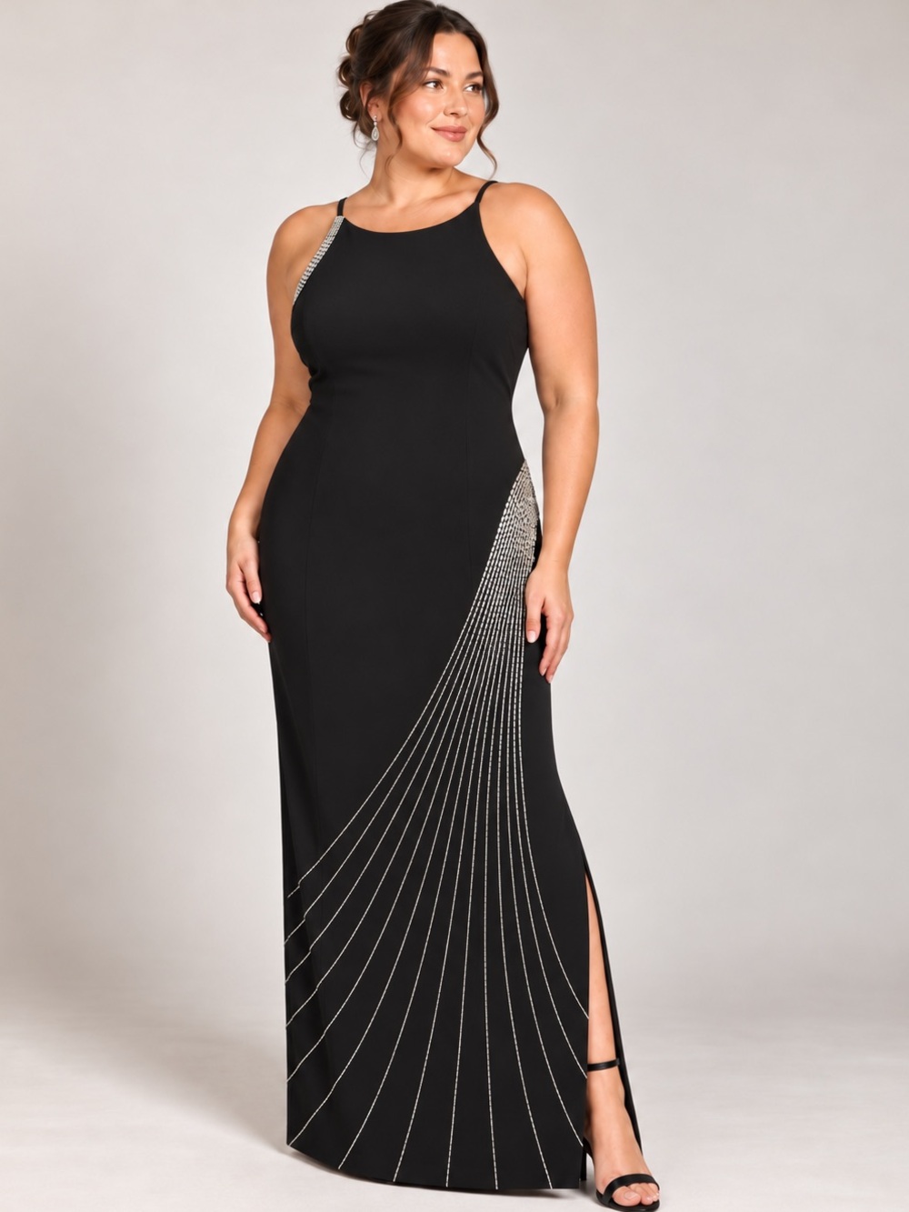 Vintage Stenay Black Silver Beaded Maxi Gown Size 14 90s Y2K Formal Dress